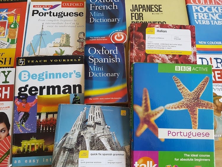 A pile of language learning books